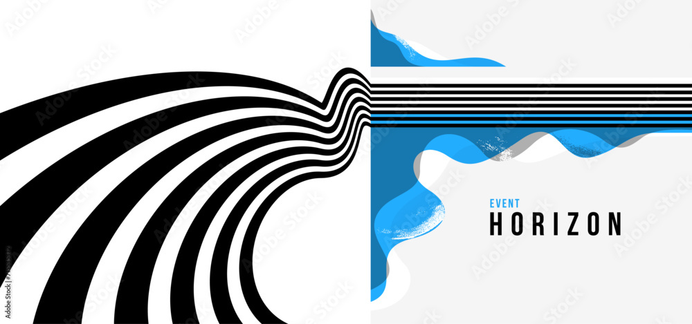 Fotografie Future lines in 3D perspective vector abstract background, black and blue linear composition, optical illusion op art