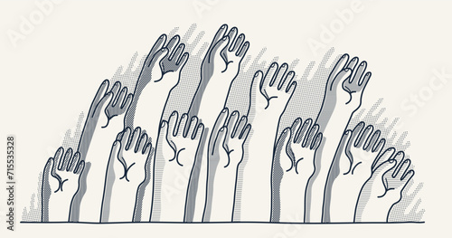 Raised hands vector illustration, voting arms, concert live party show crowd, a lot of people shows palm gesture, community concept, help aid volunteer.