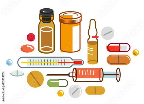 Big composition set of medicaments vector flat illustration isolated, pharmacy drugs apothecary bottles and pills and ampules, health care and healing medical theme design.