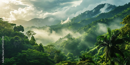 Tropical green mountains with mist. Cloudy foggy sky backdrop. Generative AI © AngrySun
