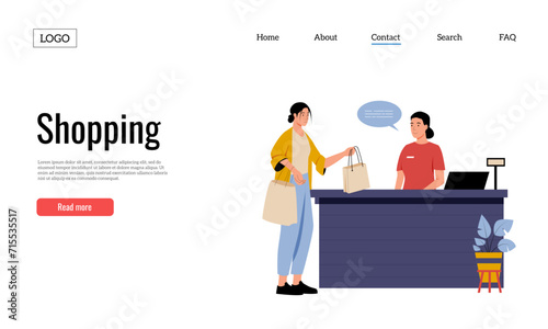 Clothing shop landing page. Woman buying things at boutique. Customer paying for purchase at getting shopping bag