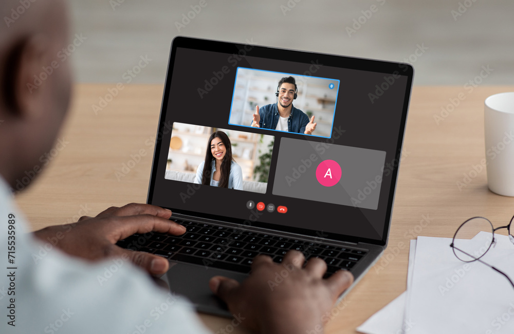 Black businessman have online meeting with employees