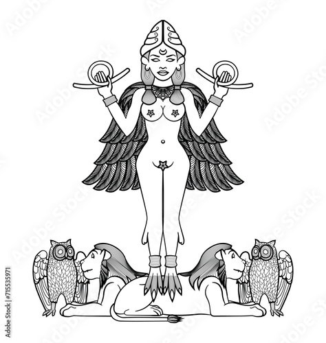 Stylized Lilith, wings spread, standing on lions, holding circular objects