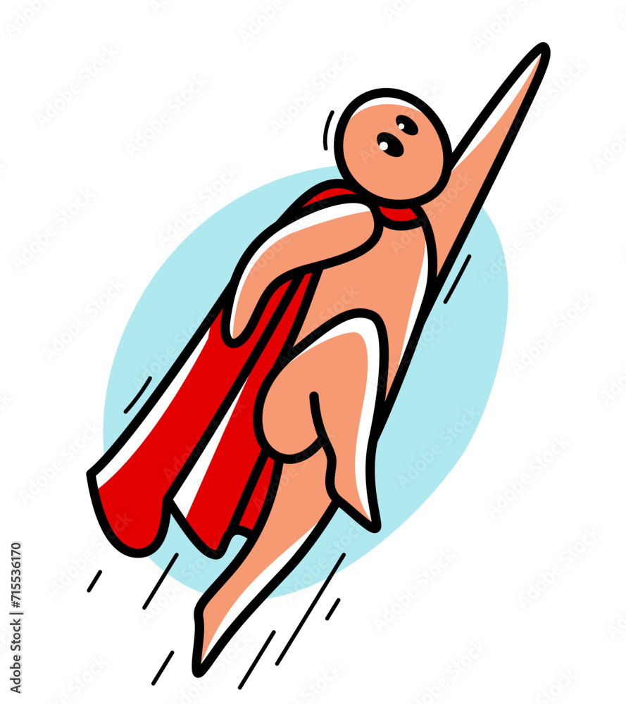 Funny cartoon man flying with coat like a superhero vector flat style illustration isolated on white, cute and positive small guy drawing or icon. Funny cartoon man flying with coat like a superhero vector flat style illustration isolated on white, cute and positive small guy drawing or icon.