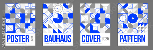 Abstract geometric posters and covers set, vector background pattern magazine or catalog templates, technic style geometric shapes composition.