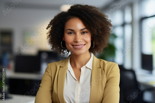 Happy confident african american businesswoman in office looking at camera