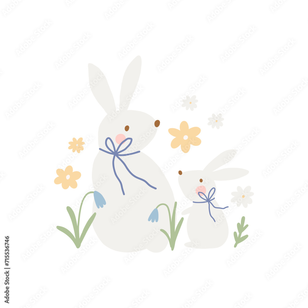 Spring floral cartoon print with cute bunny. Happy Easter print in flat style and pastel colors. Mom and Baby