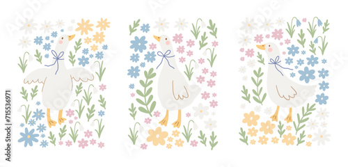 Spring cartoon pattern with cute goose. Happy Easter print in flat style and pastel colors © webmuza