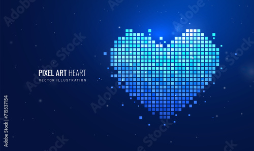 Pixel heart in digital futuristic style. Silhouettes of hearts in halftone and mosaic - elements for design. Vector illustration with light effect