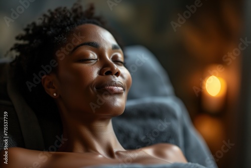 Adult African American woman with closed eyes lying in spa enjoying relaxation and self-care