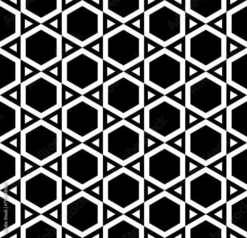 Seamless Geometric Hexagons and Triangles Black and White Pattern.