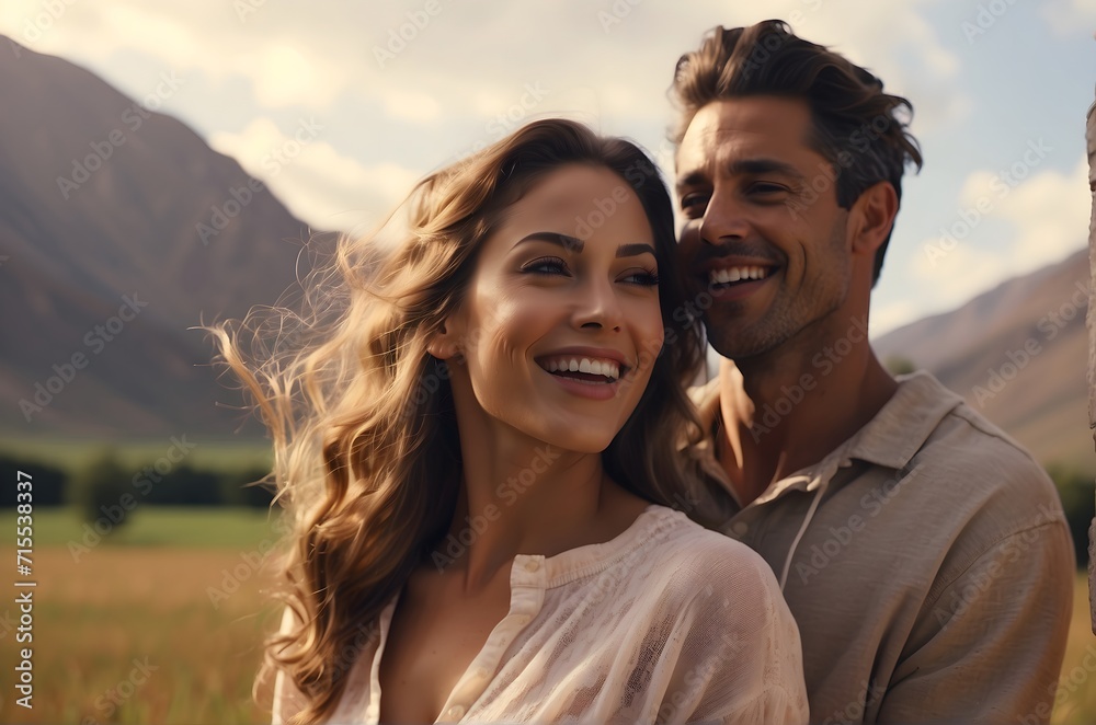 Close up of a smiling lovely young couple embracing while standing in a field