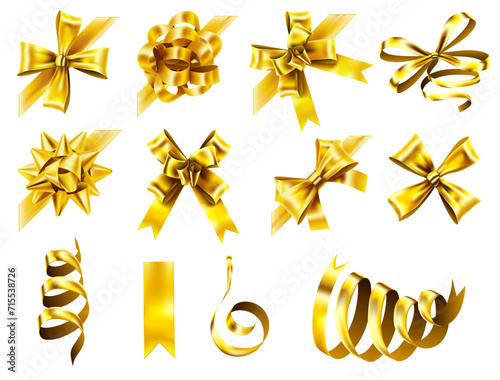 Decorative corner bow. Golden favor ribbon, yellow angle bows and luxury gold ribbons