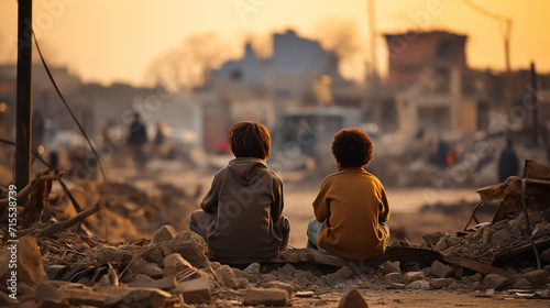 Children. Conflict concept. Burning and destroyed city by war. Concept of crisis of war creative decoration. Selective focus