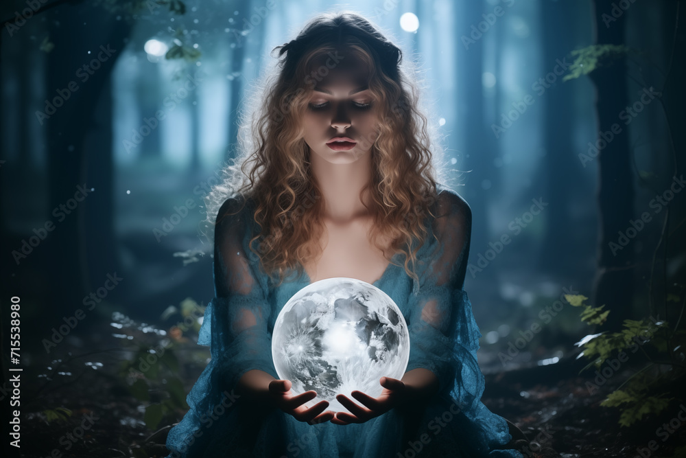 Naklejka premium Beautiful girl on a night with a magic ball. Astrology and Zodiac Concept. Generative Ai.