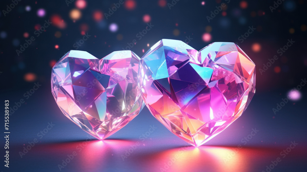 Two crystal heart shapes gleaming with vibrant hues against a bokeh background.