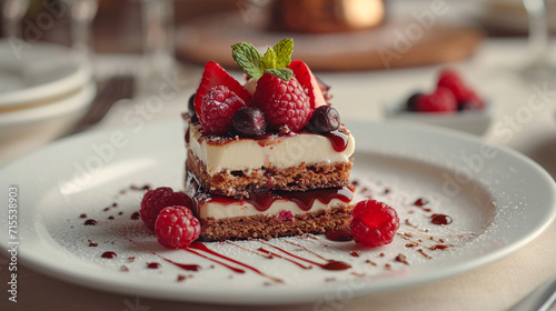 A gourmet dessert served on a pristine white plate  capturing its delectable details.