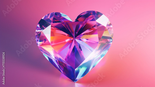A vibrant heart-shaped diamond radiating with multi-colored facets on a pink gradient background.