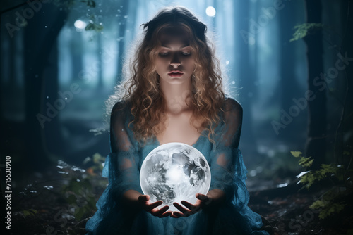 Beautiful girl on a night with a magic ball. Astrology and Zodiac Concept. Generative Ai.