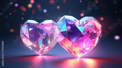 Two crystal heart shapes gleaming with vibrant hues against a bokeh background. © tashechka