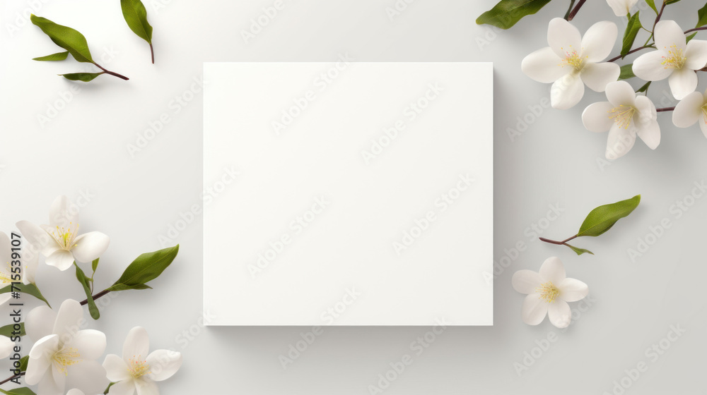 A blank white card surrounded by jasmine flowers and green leaves on a light background.