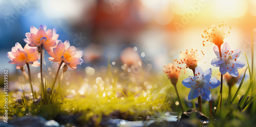 Summer flowers nature background with sunshine and bokeh  banner