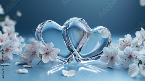 two glass hearts with white flowers blue background #715539543