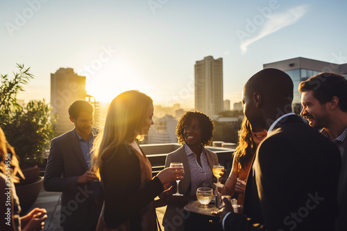 Diverse Group of Young Professionals Enjoying a Casual Rooftop Party at Sunset, Urban Socializing Concept photo