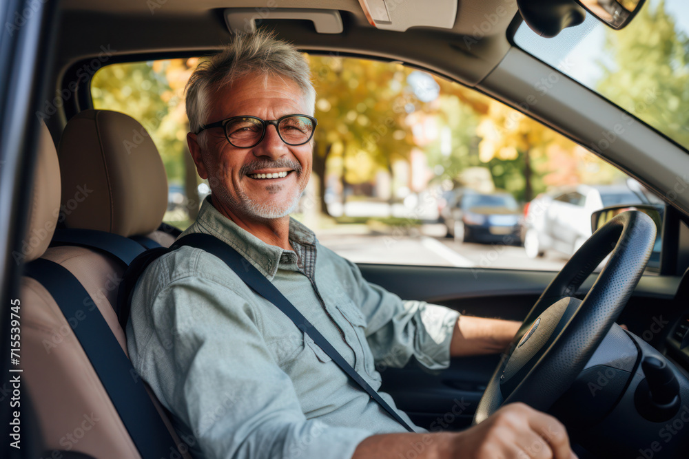 Happy Caucasian Man Driving New Car, Embarking on an Exciting Journey with a Sense of Adventure Happy Caucasian Man Driving New Car, Embarking on an Exciting Journey with a Sense of Adventure