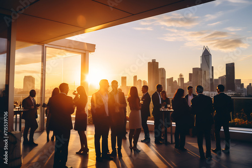 Elegant Evening Networking Event on Rooftop Terrace with City Skyline at Sunset, Corporate Social Gathering Concept photo