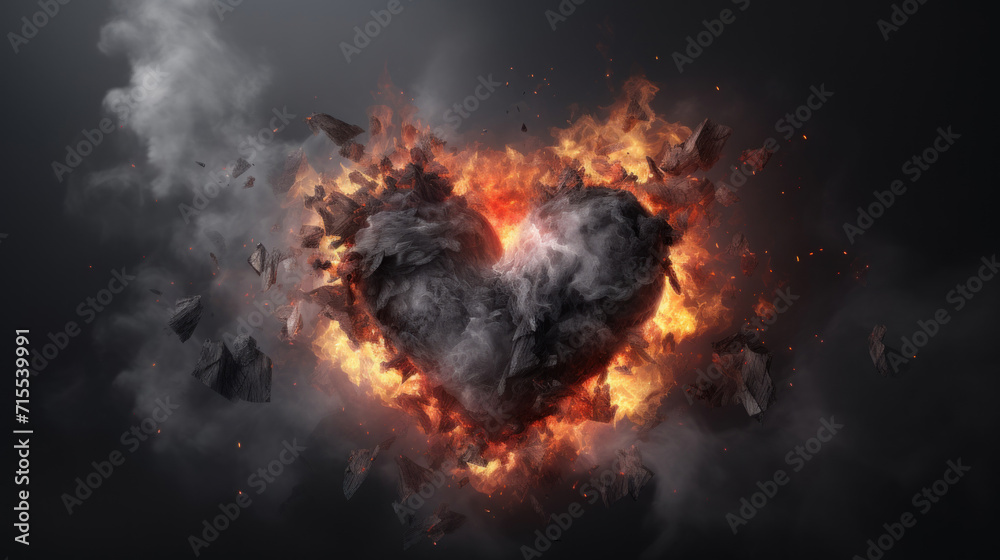 Conceptual art piece depicting a heart exploding into fiery fragments, symbolizing passion or heartbreak. - obrazy, fototapety, plakaty 