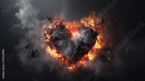 Conceptual art piece depicting a heart exploding into fiery fragments, symbolizing passion or heartbreak. photo