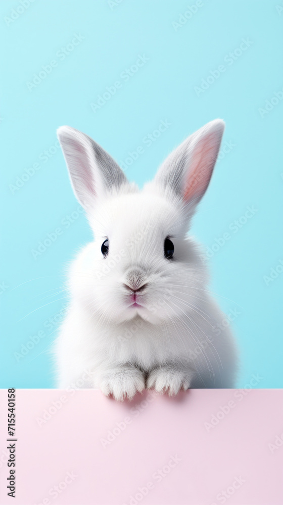 A curious white bunny looking over a pink surface with a clear blue background.