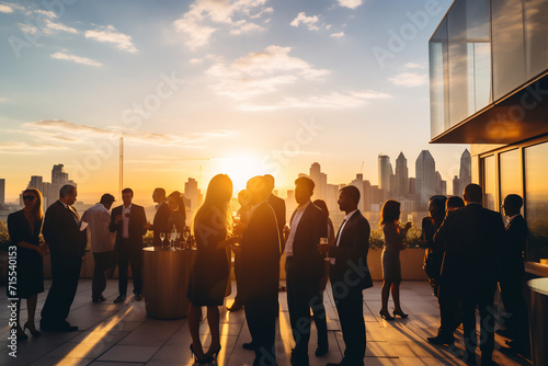 Elegant Evening Networking Event on Rooftop Terrace with City Skyline at Sunset, Corporate Social Gathering Concept photo