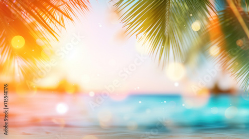 Golden sunset on a beach seen through the silhouette of palm tree leaves, creating a dreamy landscape. © tashechka