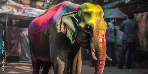 Elephant In Colorful Powder Paint On A Holi Holday