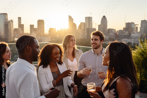 Diverse Group of Young Professionals Enjoying a Casual Rooftop Party at Sunset, Urban Socializing Concept