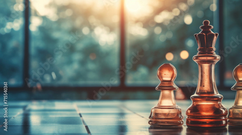 Chess pieces on a board with a warm sunset light casting shadows, symbolizing strategy and intelligence.