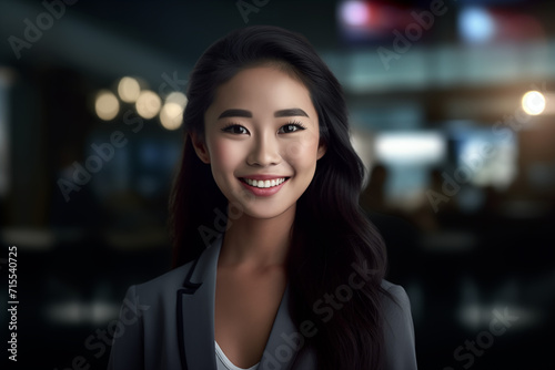 Asian woman smiling. Buissenes woman. Asian country. China. Japan. AI.