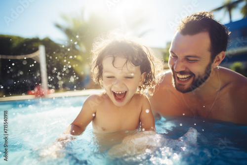 Joyful Father and Child Playing in Sunlit Pool  Happy Family Summer Fun  Family Leisure Concept