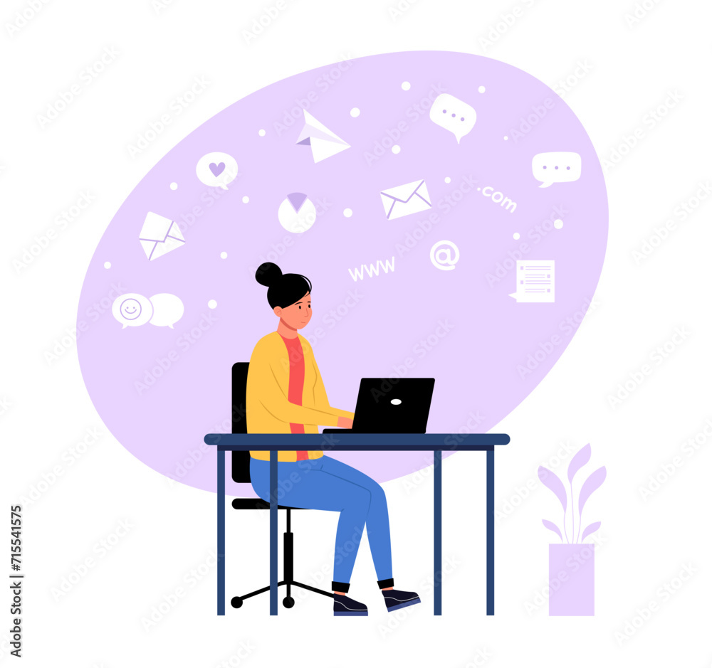 Email and messaging concept. Woman sitting at desk working on laptop. Female character receiving correspondence
