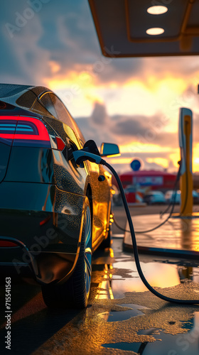 Close-up of electric car charging station booth sunset. Concept biofuel, ecology transportation, power supply battery charge energy, electro mobility, biofuel. Solving environmental pollution problems