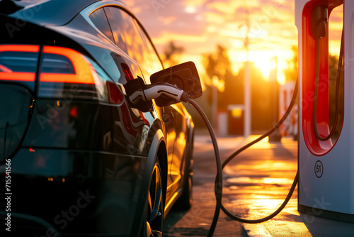 Close-up of electric car charging station booth sunset. Concept biofuel, ecology transportation, power supply battery charge energy, electro mobility, biofuel. Solving environmental pollution problems © Anastasia Boiko