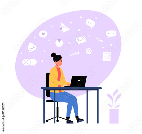Email and messaging concept. Woman sitting at desk working on laptop. Female character receiving correspondence