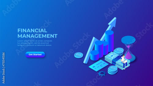 Dark blue isometric vector illustration. Financial management design concept with sitting man, money and hourglass