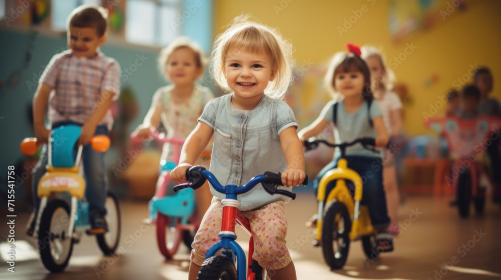 Joyful toddlers riding colorful bicycles during an energetic indoor playtime in a bright and playful setting. Joyful toddlers riding colorful bicycles during an energetic indoor playtime in a bright and playful setting.