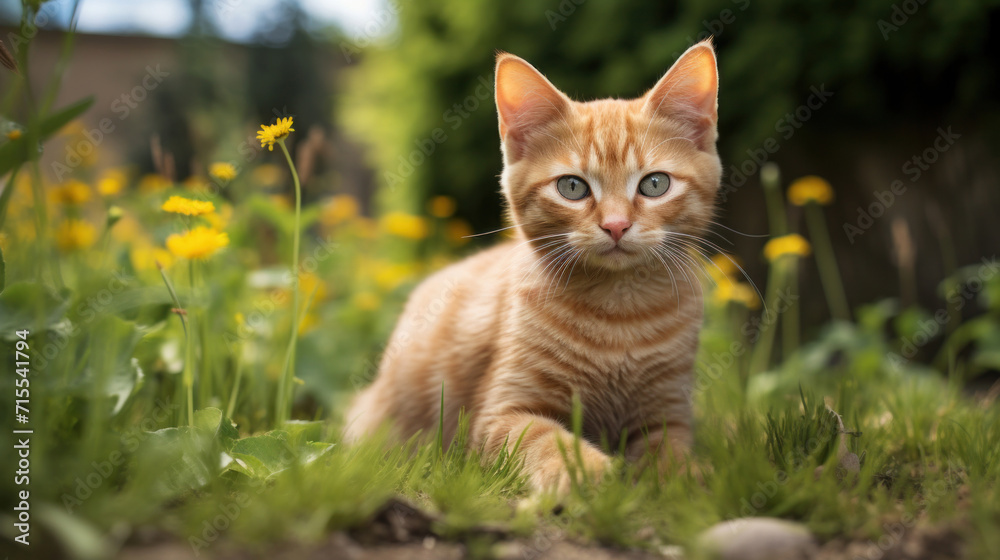 A curious ginger kitten with striking eyes peering through lush green grass in a garden.