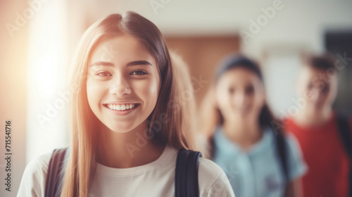 A bright young student with a radiant smile standing in a school hallway, embodying optimism and a love for learning.