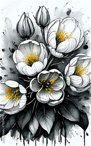 Blossoms fine black inklines. Precise Inkdrawing with Precise Pencil drawing on white paper.  AI Generated photo