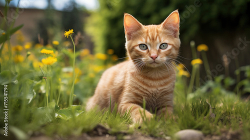 A curious ginger kitten with striking eyes peering through lush green grass in a garden.